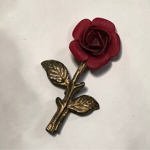 Vintage Red Enamel Rose Stem Gold Tone Brooch Floral Pin 1.75” Unmarked